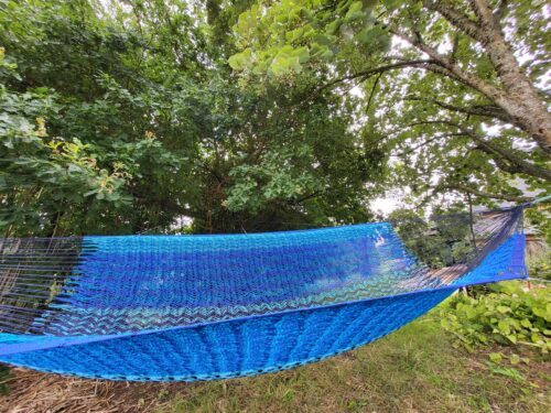 Hamac Maya Mexicain XL Bleu Océan Dégradé Tissé Main - Grande Taille Artisanal - Vue détail | Artisanat Mexique