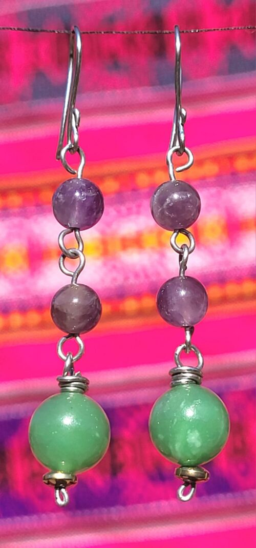 Boucles d'Oreilles Cascade Améthyste Aventurine Violet Vert - Bijou Artisanal Mexicain Fem - Vue principale
