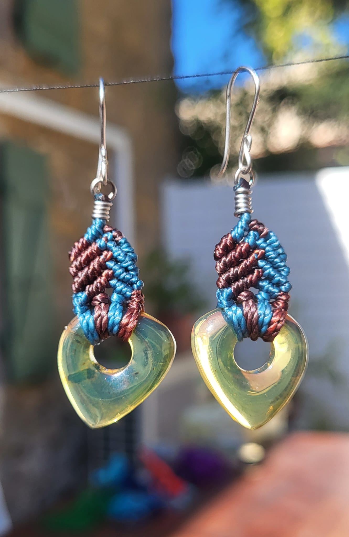 Boucles d'Oreilles Macramé Bicolore Turquoise Cuivre - Fait