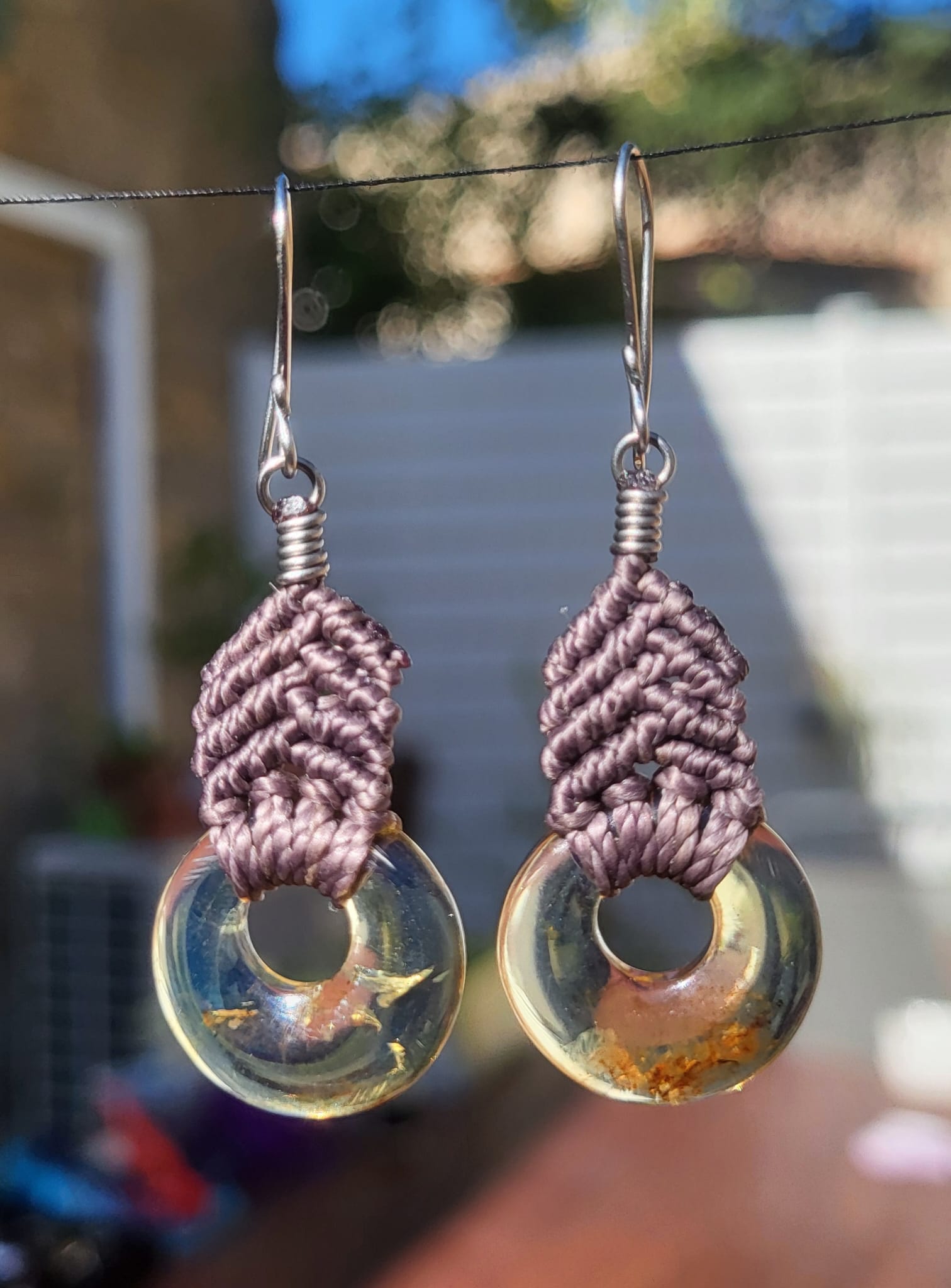 BDO116 Boucles d'Oreilles Ambre Macramé Rose Mauve - Vue principale | Artisanat Mexique