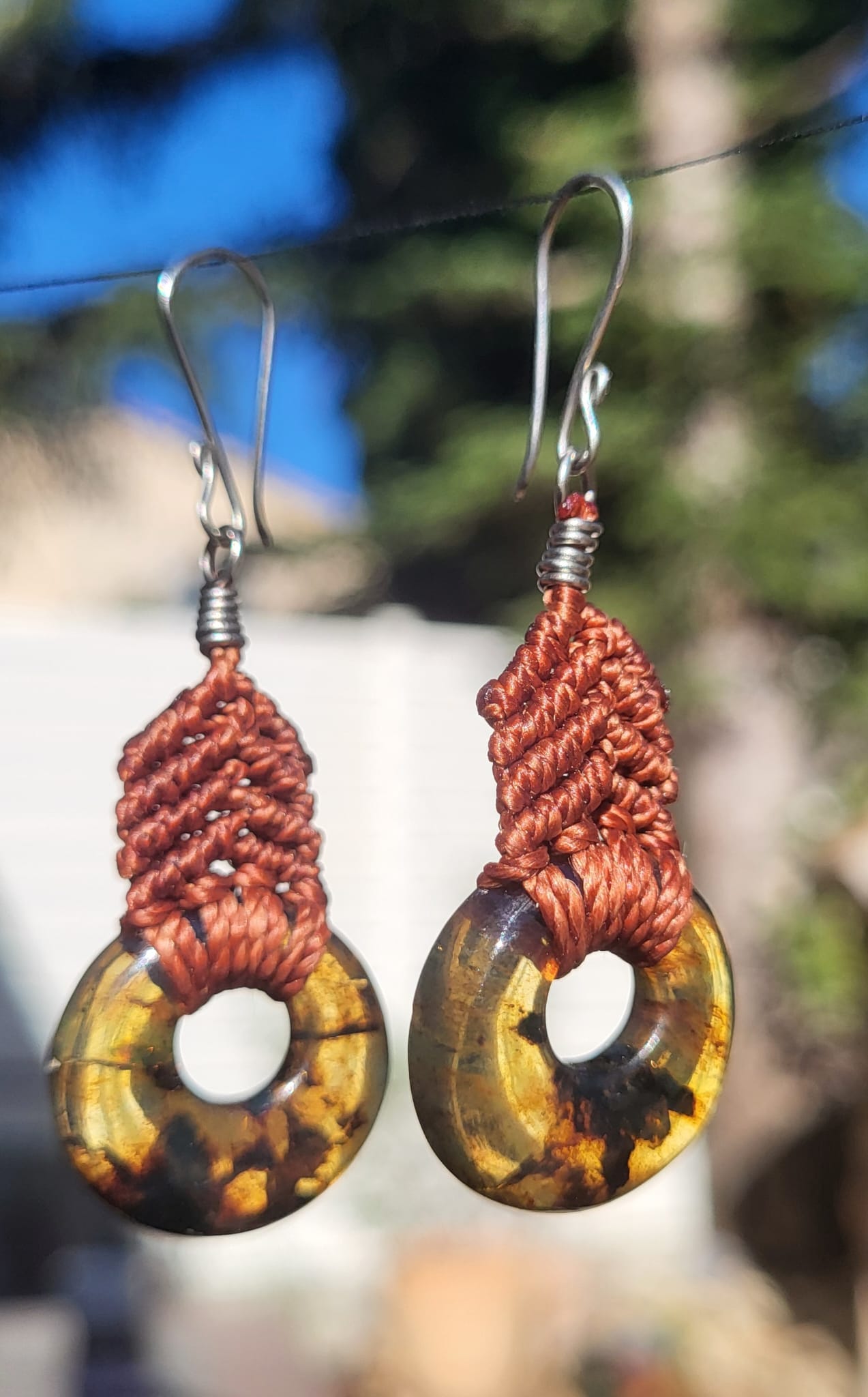 BDO123 Boucles d'Oreilles Macramé Cuivré Ambre Disques - Vue principale | Artisanat Mexique