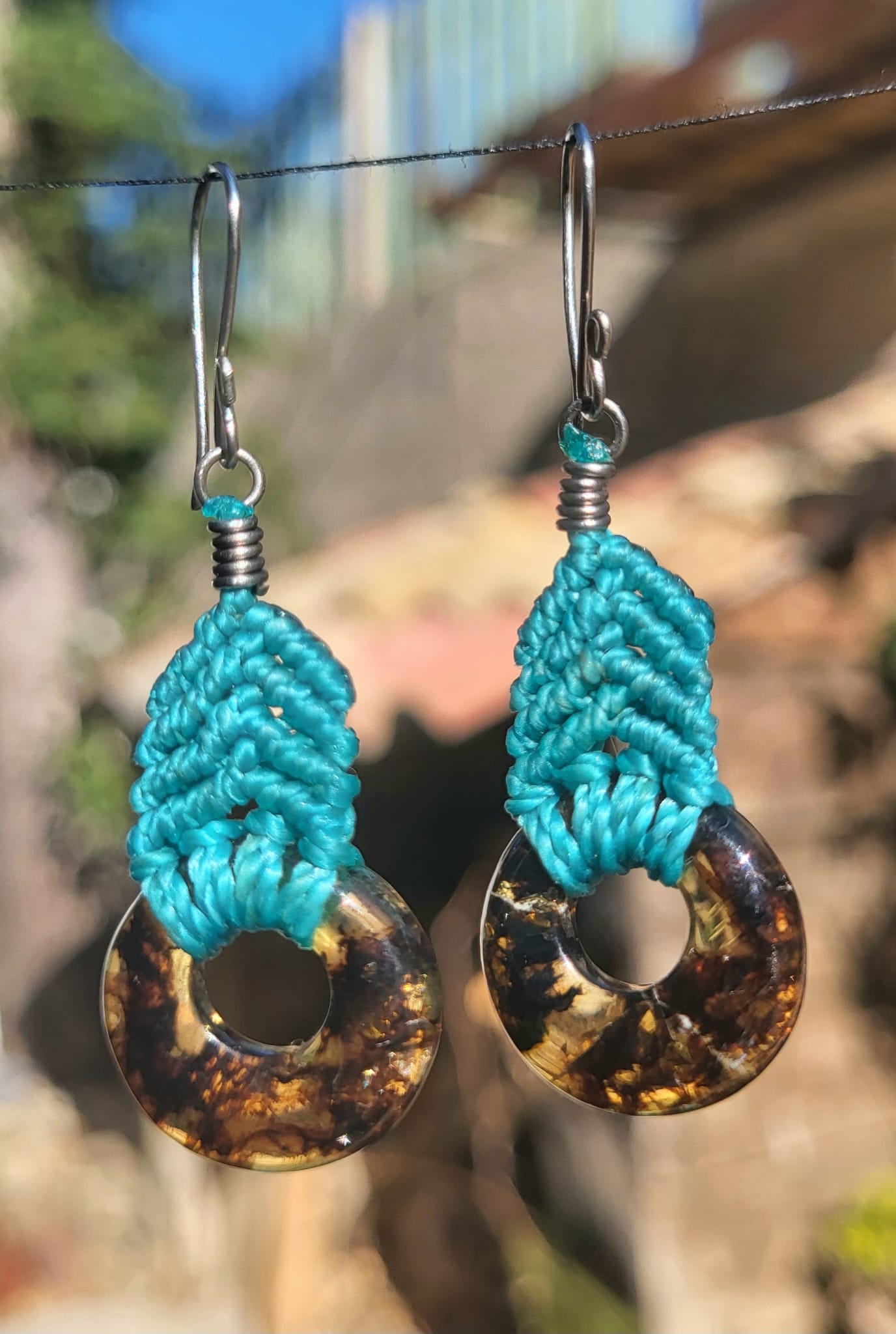 Boucles d'Oreilles Macramé Turquoise Disques - Bijou Artisanal Mexicain Femme - Vue principale | Artisanat Mexique