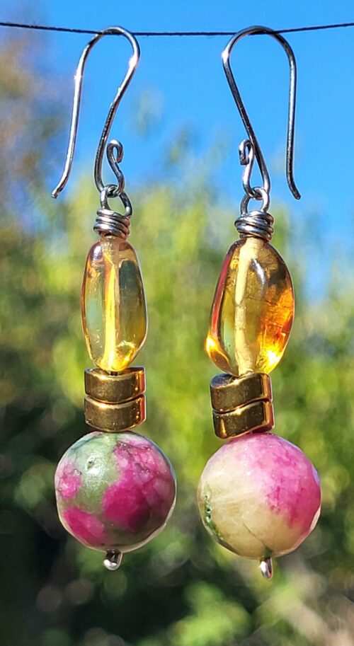 Boucles d'Oreilles Ambre Pyrite Rubis Zoïsite - Bijou Fait Main Mexique Femme - Vue principale | Artisanat Mexique