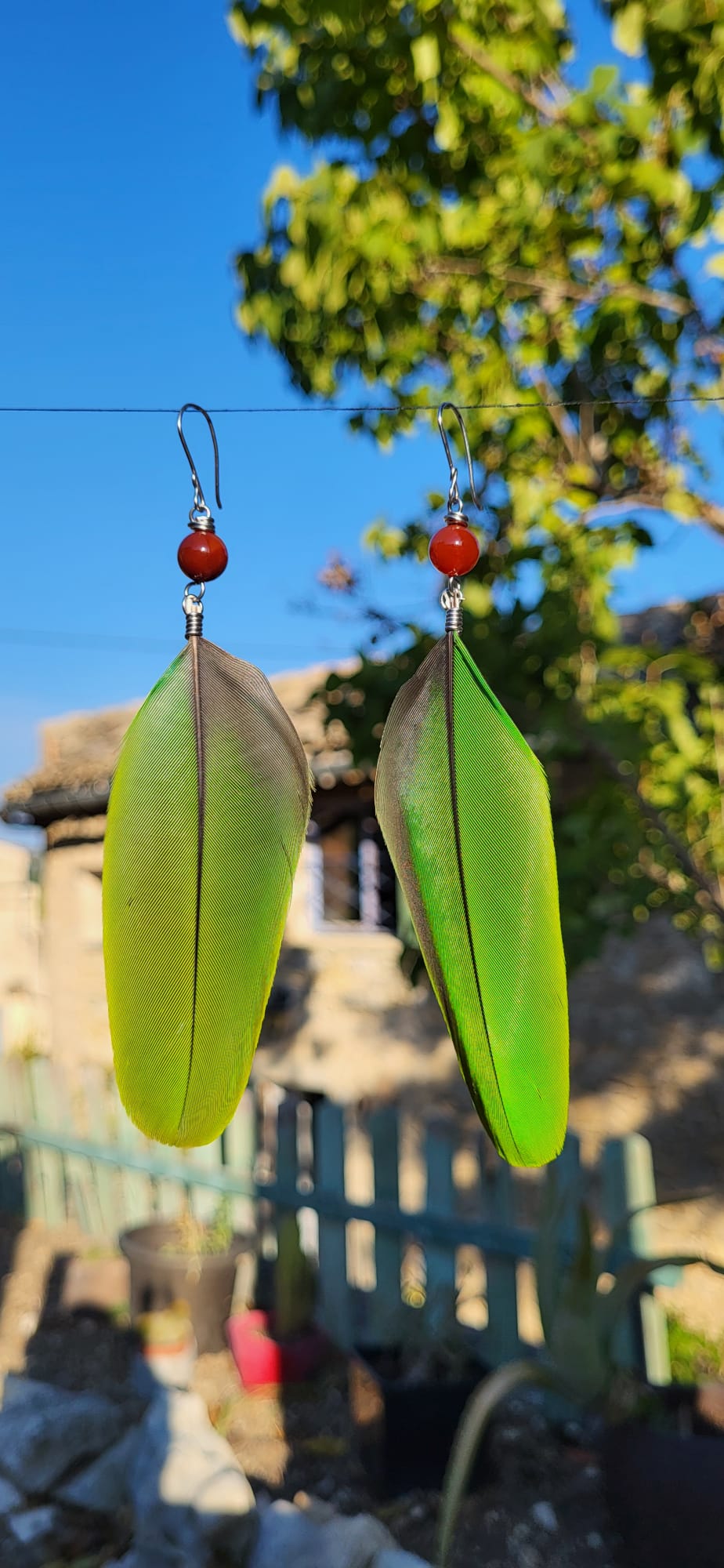 Boucles d'Oreilles Plumes Vertes Pierre Naturelle - Bijou Me