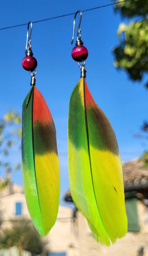 Boucles d'Oreilles Plumes Vertes Jaunes - Bijou Artisanal Mexicain Femme - Vue principale | Artisanat Mexique