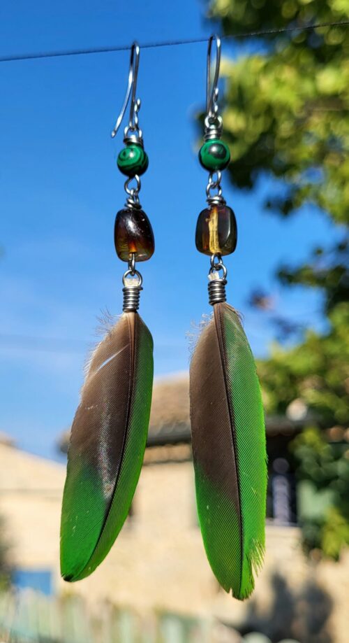 Boucles d'Oreilles Plumes Vertes Ambre Œil du Tigre - Vue principale | Artisanat Mexique