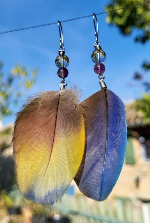 Boucles d'Oreilles Plumes Pierres Colorées Multicolore - Bijou Artisanal Mexicain Femme - Vue principale | Artisanat Mexique