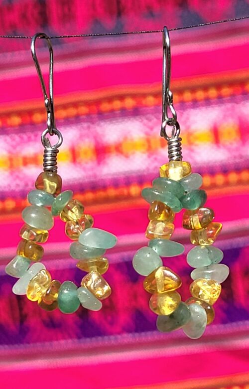 Créoles Bohème Aventurine Ambre Vert Doré - Bijou Fait Main Mexique Femme - Vue principale | Artisanat Mexique