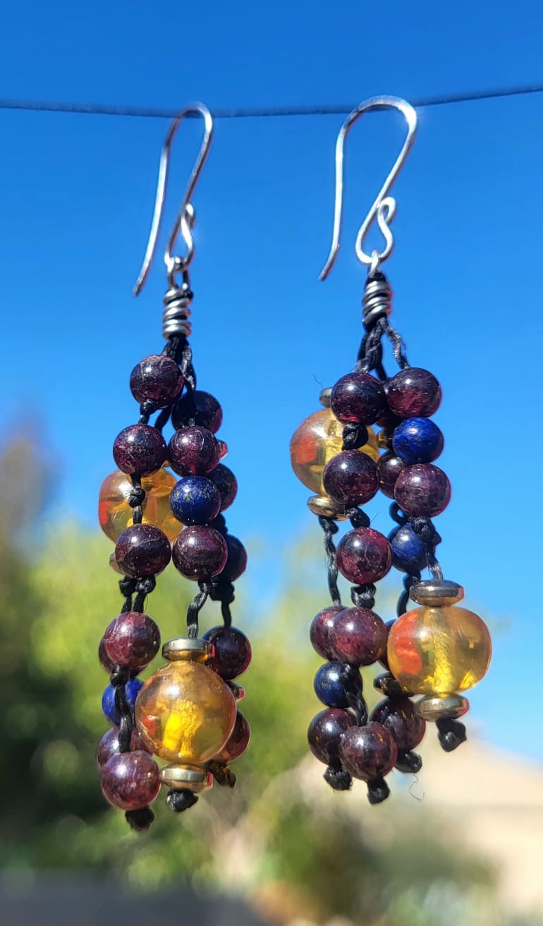 Boucles d'Oreilles Grappes Améthyste Ambre Perles Bleues - P