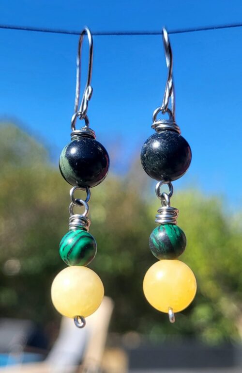 Boucles d'Oreilles Jaspe Malachite Calcite Dorée - Vue principale | Artisanat Mexique