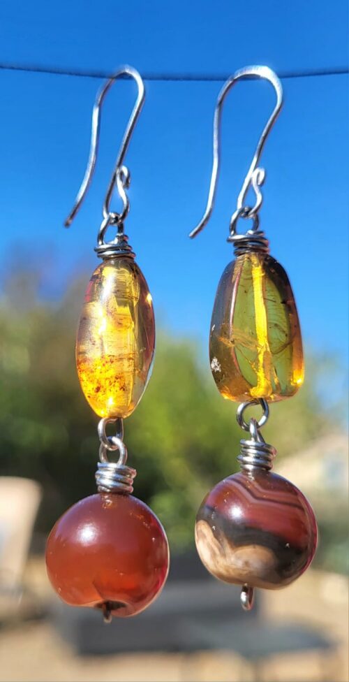 Boucles d'Oreilles Ambre Miel Agate Rouge du Chiapas - Vue principale | Artisanat Mexique