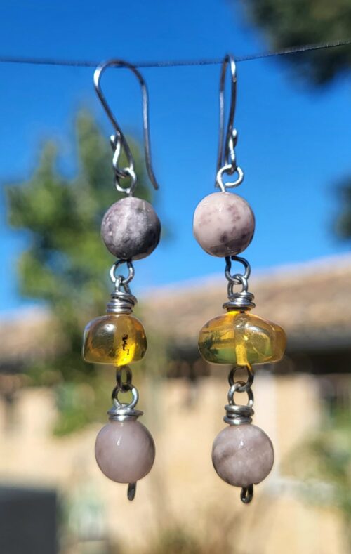 Boucles d'Oreilles Lépidolite Ambre du Chiapas Rose Doré - Vue principale | Artisanat Mexique