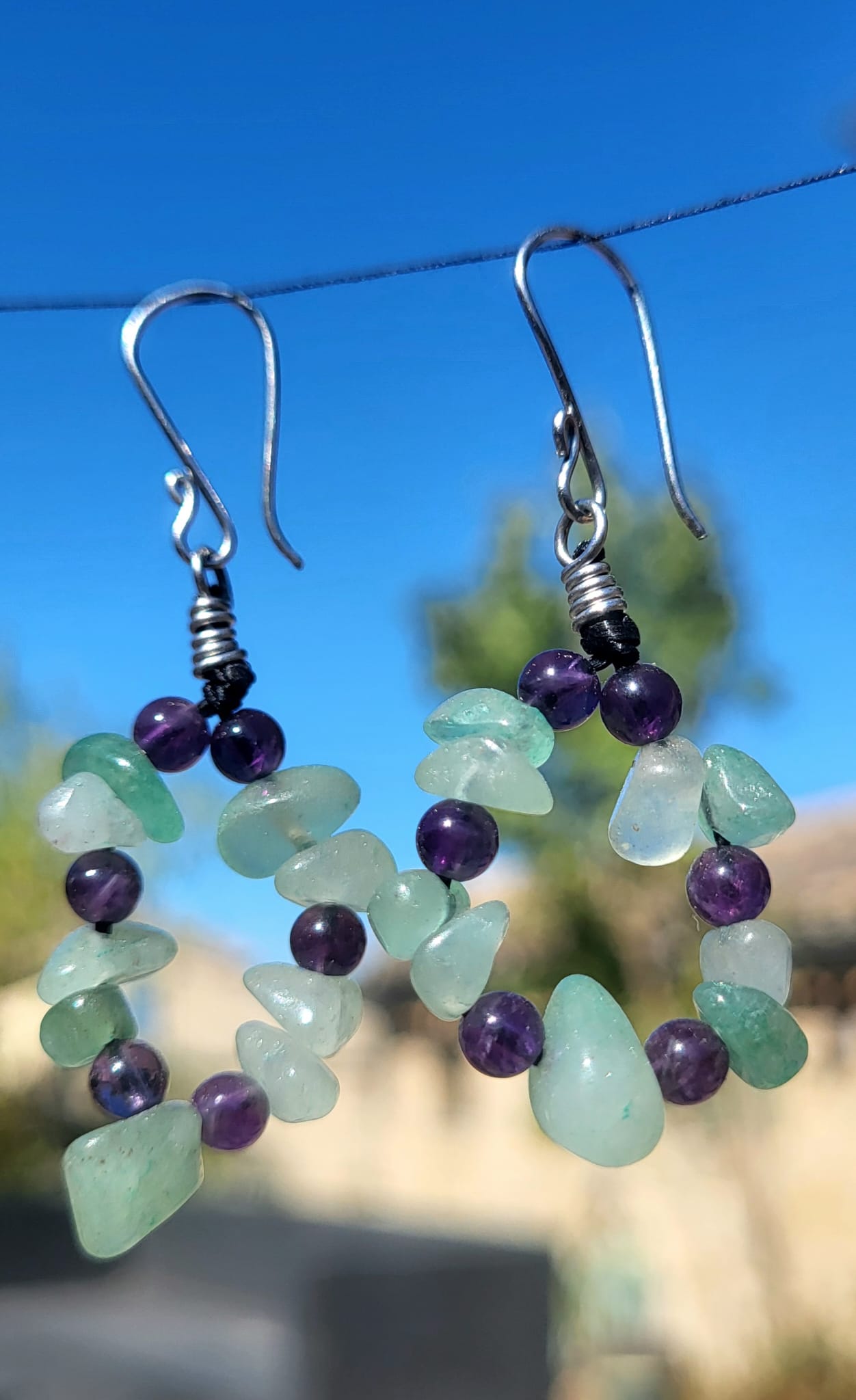 Boucles d'Oreilles Aventurine Améthyste Perles Bleues Grappes - Vue principale | Artisanat Mexique