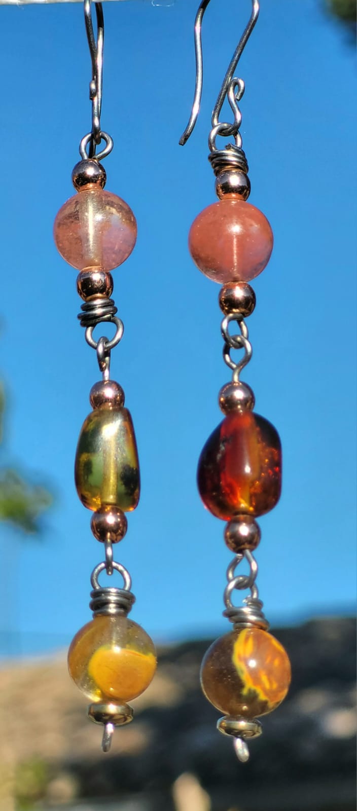 Boucles d'Oreilles Ambre Quartz Rose - Bijou Artisanal Mexicain Femme - Vue principale | Artisanat Mexique