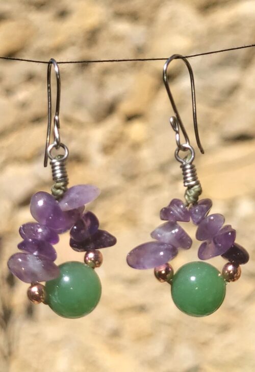 Boucles d'Oreilles Améthyste Aventurine Verte Perles Dorées - Vue principale | Artisanat Mexique