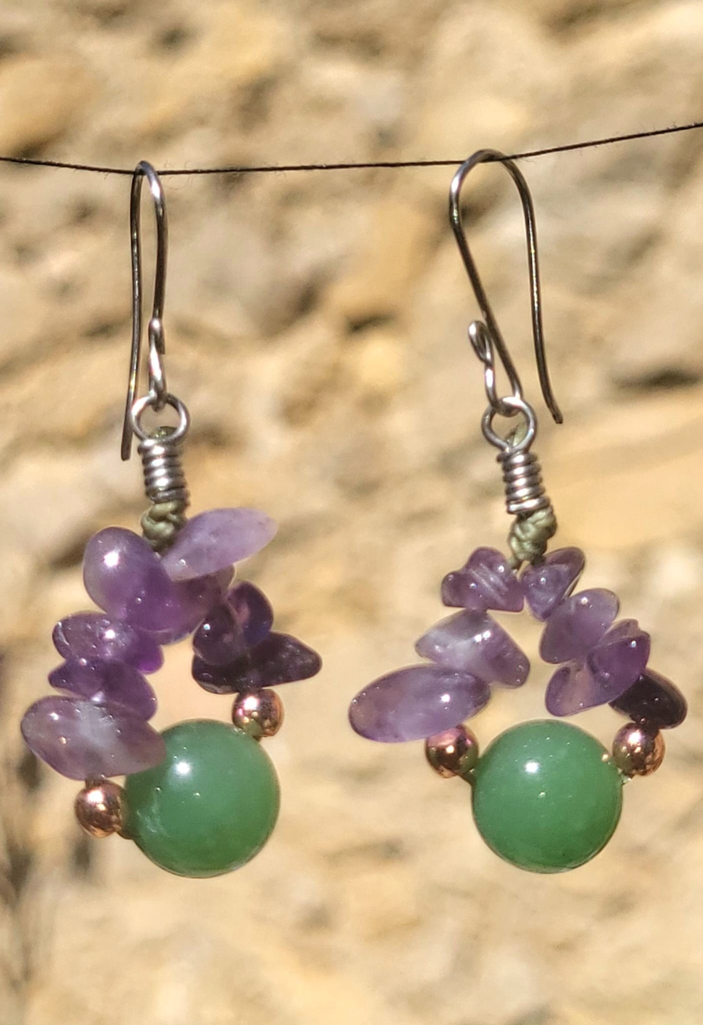 Boucles d'Oreilles Améthyste Aventurine Verte Perles Dorées - Vue principale | Artisanat Mexique