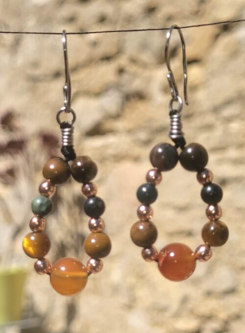 Boucles d'Oreilles Œil du Tigre Cornaline Gouttes Doré Orange - Vue principale | Artisanat Mexique