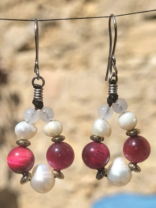 Boucles d'Oreilles Grenat Perles d'Eau Douce Quartz Œil du Tigre - Vue principale | Artisanat Mexique