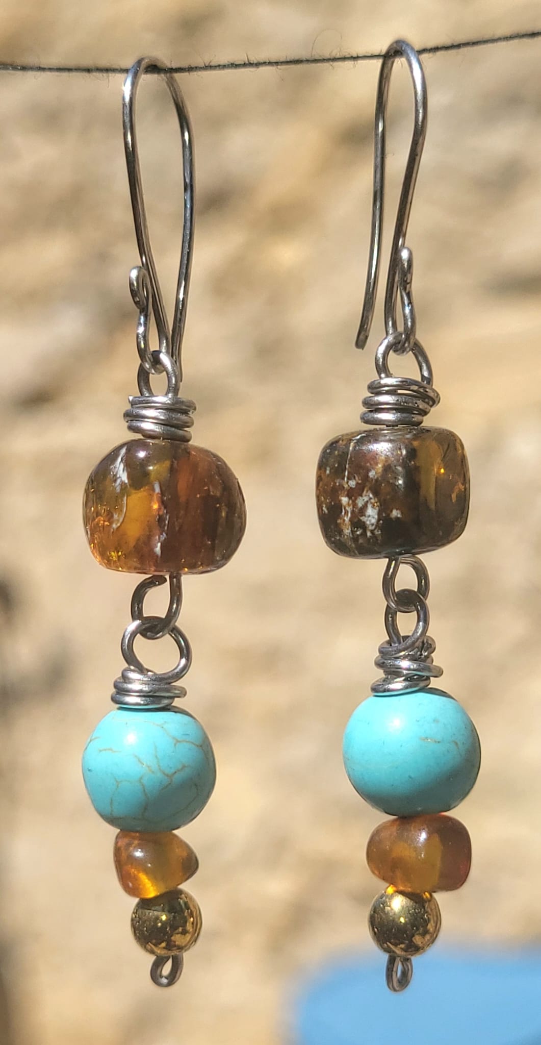 Boucles oreilles ambre turquoise naturelle fait main Mexique