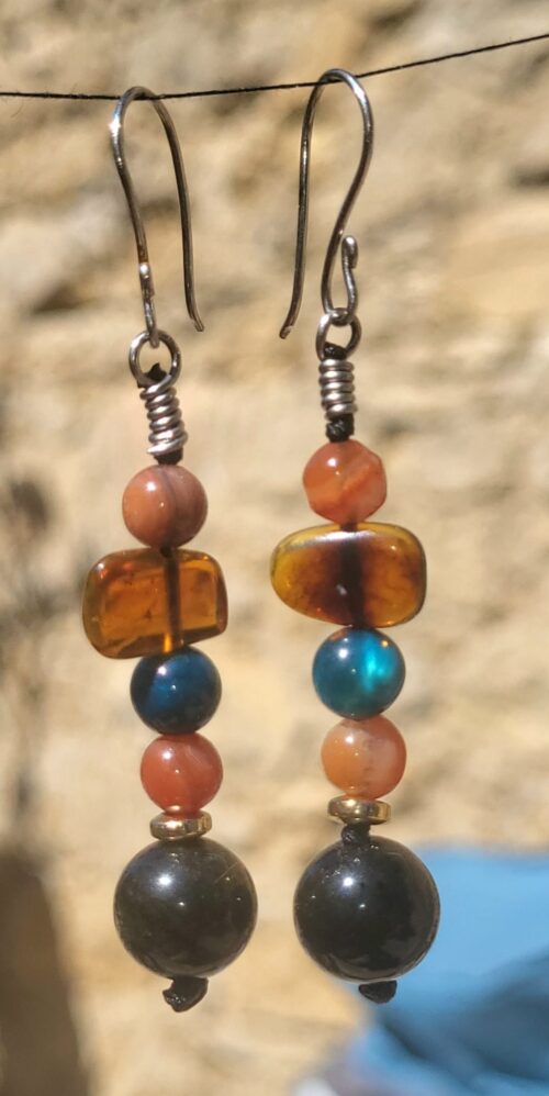 Boucles d'Oreilles Longues Ambre Agate du Chiapas Doré - Pie
