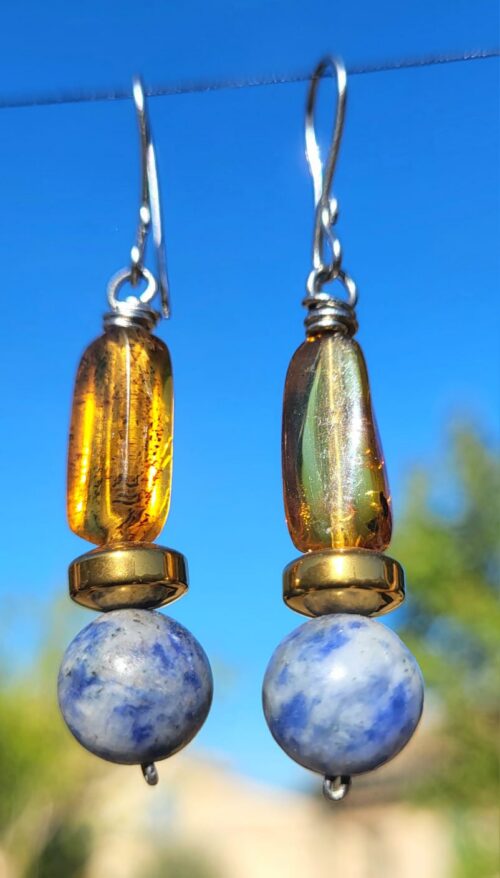 Boucles d'Oreilles Ambre Sodalite Pyrite - Bijou Fait Main Mexique Femme - Vue principale | Artisanat Mexique
