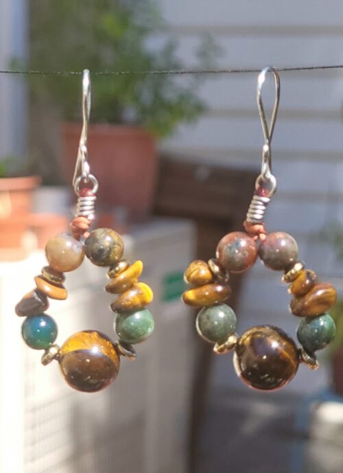 Créoles Œil du Tigre Jaspe Doré - Bijou Fait Main Mexique Femme - Vue principale | Artisanat Mexique