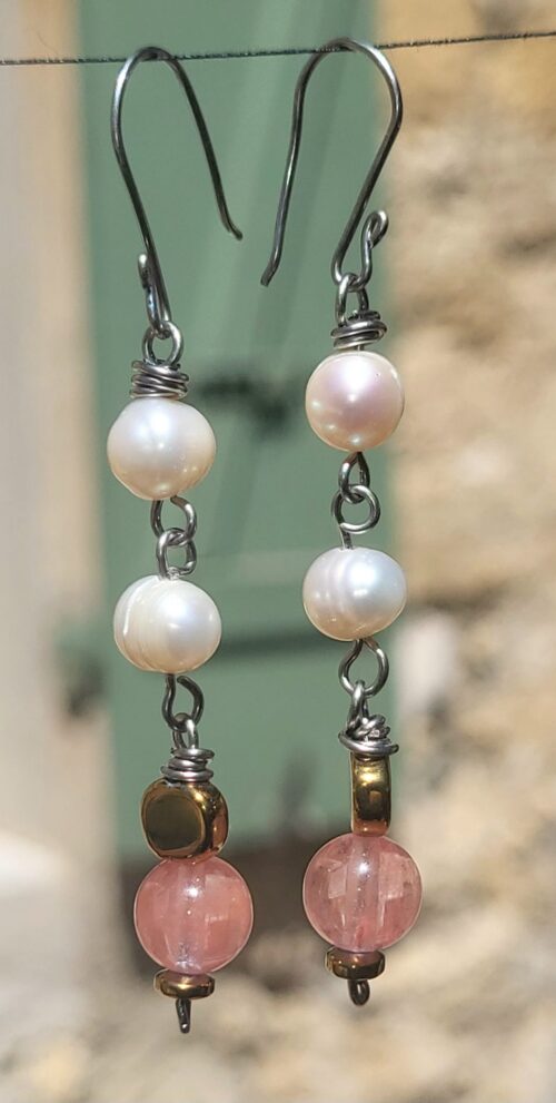 Boucles d'Oreilles Perles Nacrées Quartz - Bijou Fait Main Mexique Femme - Vue principale | Artisanat Mexique
