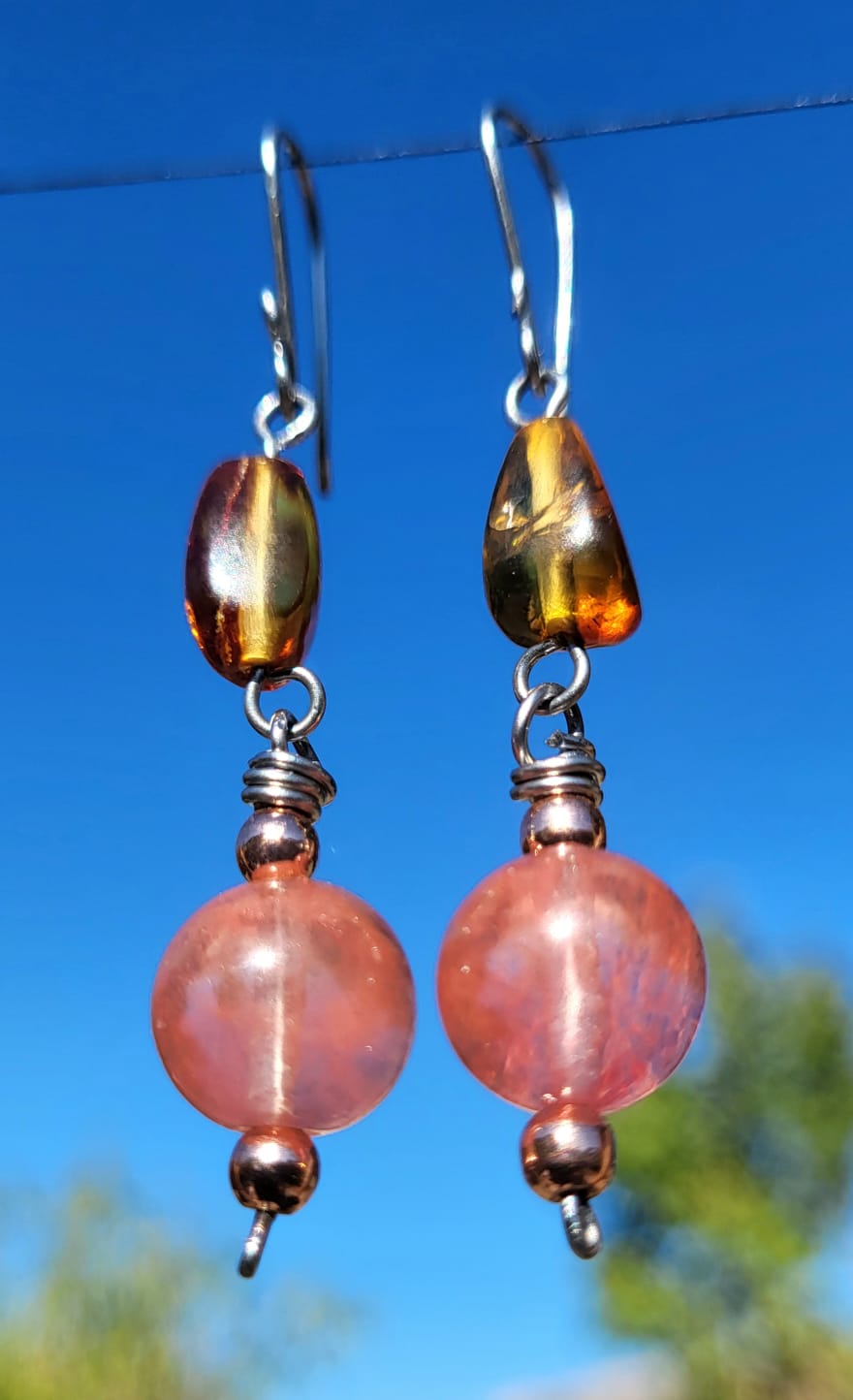 Boucles d'Oreilles Quartz Rose Ambre du Chiapas - Vue principale | Artisanat Mexique