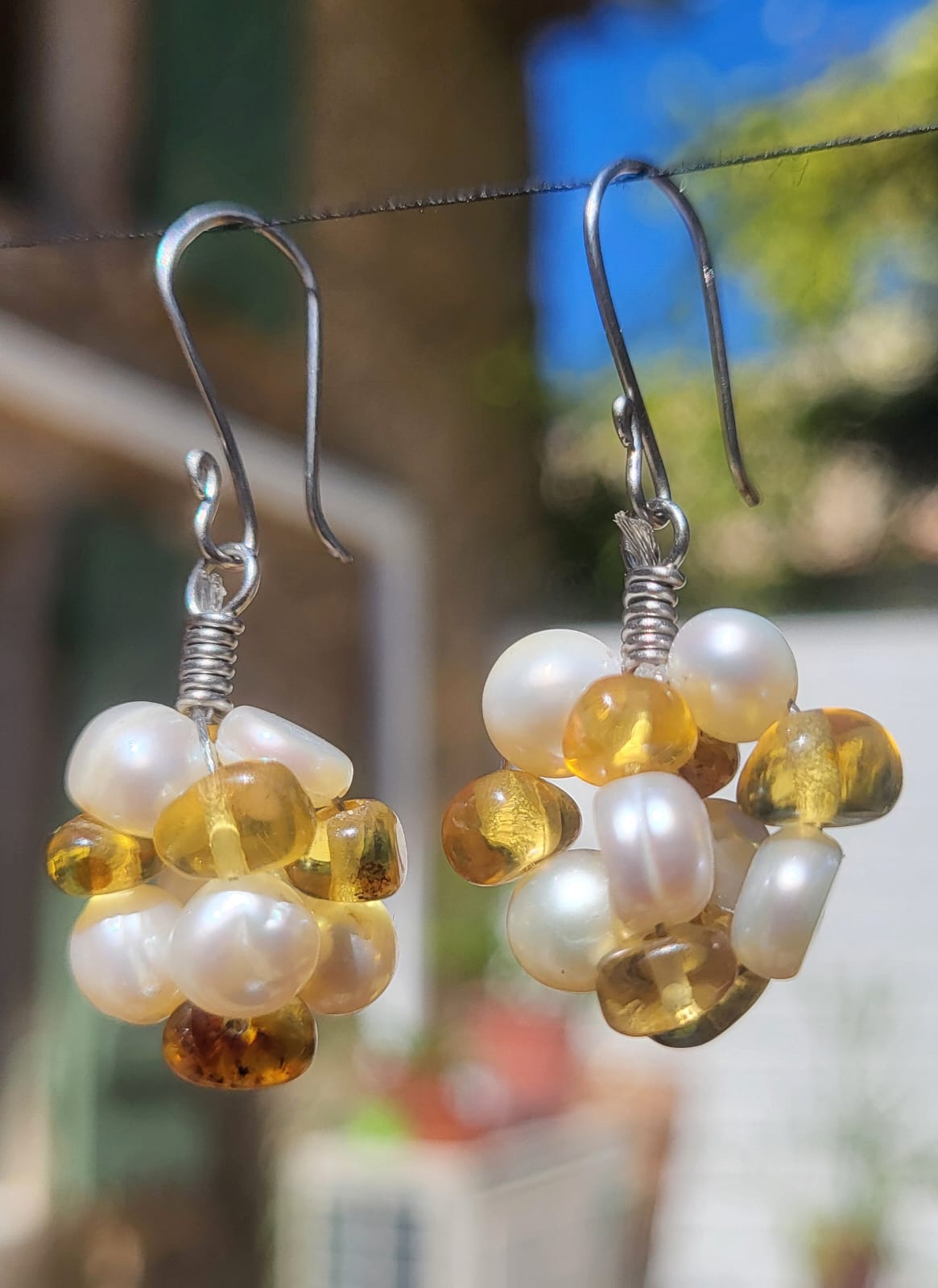 Boucles d'Oreilles Perles de Rivière Ambre Translucide - Vue principale | Artisanat Mexique