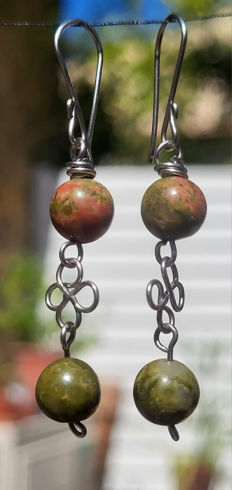 Boucles d'Oreilles Jaspe Vert Brun Chaînes - Bijou Pierre Na