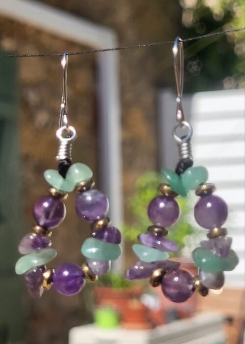 Créoles Aventurine Améthyste Violet Vert - Bijou Artisanal Mexicain Femme - Vue principale | Artisanat Mexique
