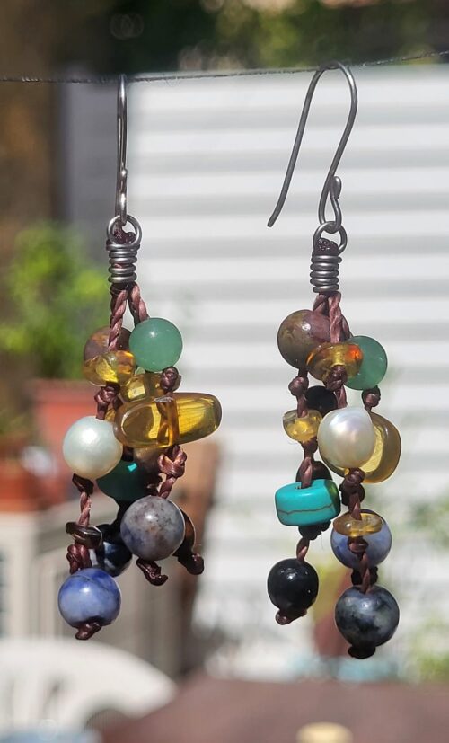 Boucles d'Oreilles Cascade Pierres Multicolores Cordons - Vue principale | Artisanat Mexique