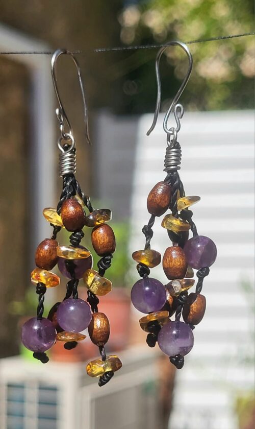 Boucles d'Oreilles Cascade Ambre Œil du Tigre Pierres Violettes - Vue principale | Artisanat Mexique