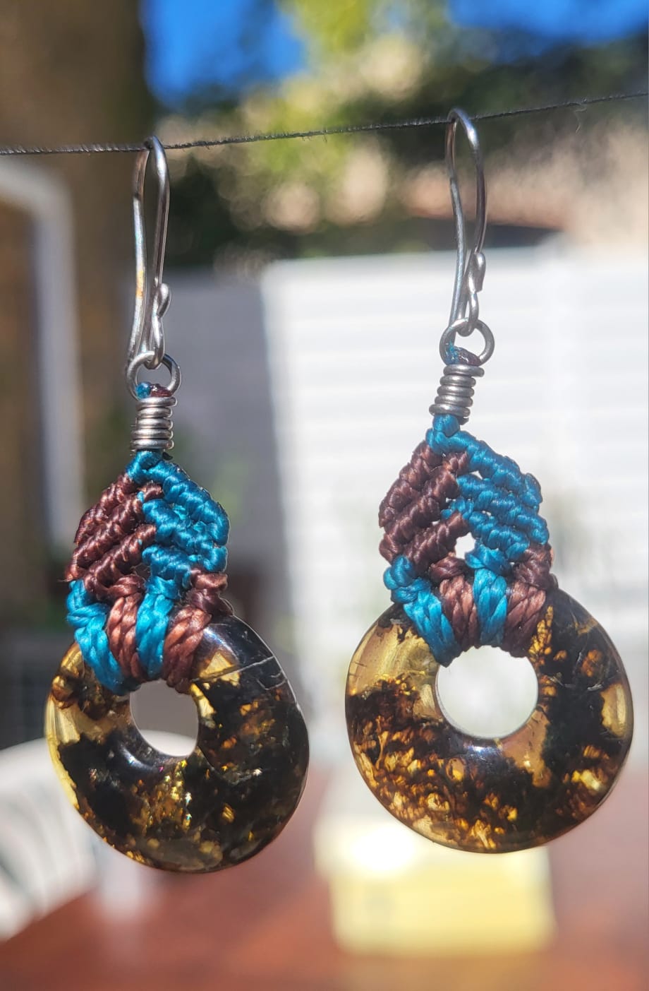Boucles d'Oreilles Rondes Ambre Macramé Turquoise - Vue principale | Artisanat Mexique
