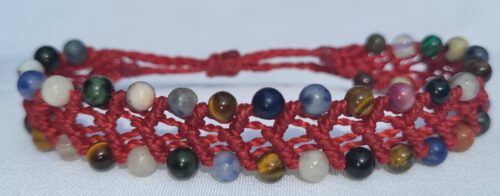Bracelet Macramé Rouge Tissage Pierres Semi-Précieuses - Bijou Mexicain Femme