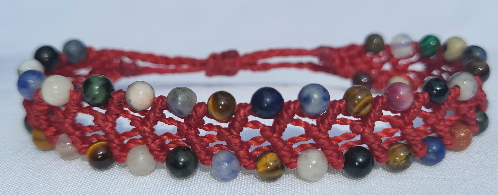 Bracelet Macramé Rouge Tissage Pierres Semi-Précieuses - Bijou Mexicain Femme
