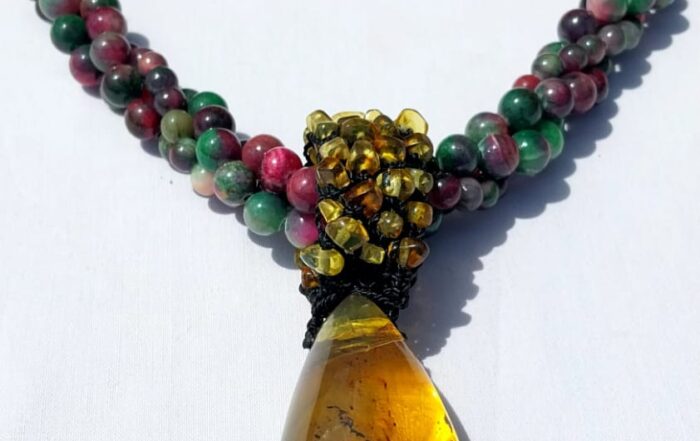 Collier Multi-Rangs Pendentif Ambre Inclusions du Chiapas Doré - Vue principale | Artisanat Mexique