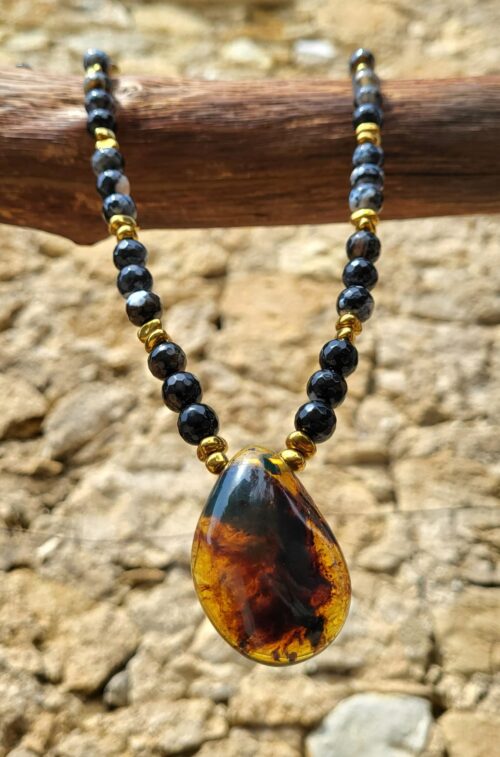 Collier Pendentif Ambre Naturel Perles Pyrite du Chiapas - Pierre Naturelle Fait Main Mexique Femme