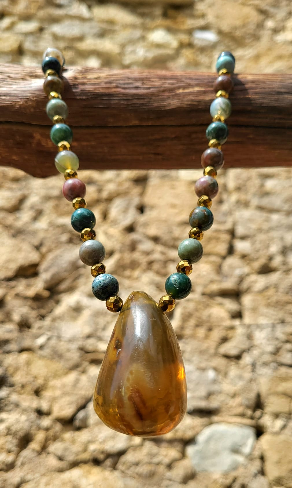 Collier Pendentif Ambre Vert du Chiapas Pierres Naturelles - Vue principale | Artisanat Mexique