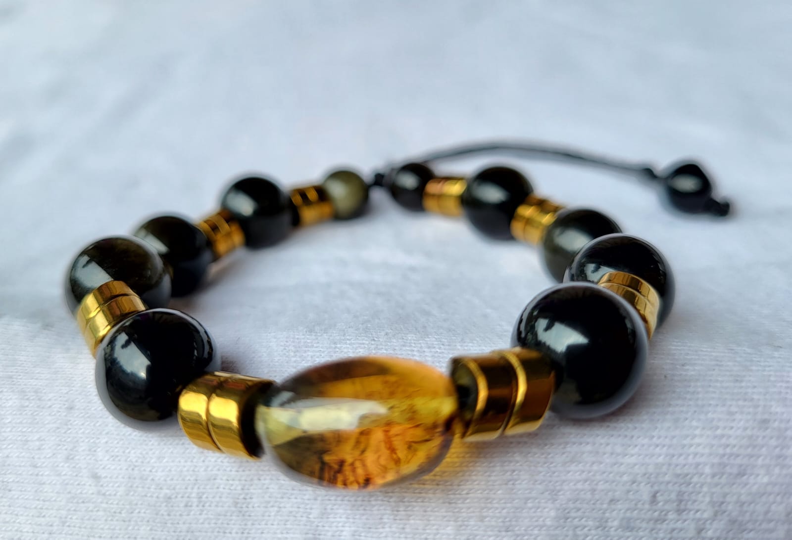 Bracelet Obsidienne Volcanique Ambre du Chiapas Pyrite - Vue principale | Artisanat Mexique