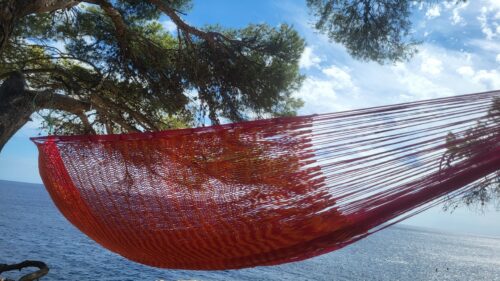 Hamac Mexicain XL Rouge Orange Motifs Tissé Main - Grande Taille Artisanal - Vue détail | Artisanat Mexique