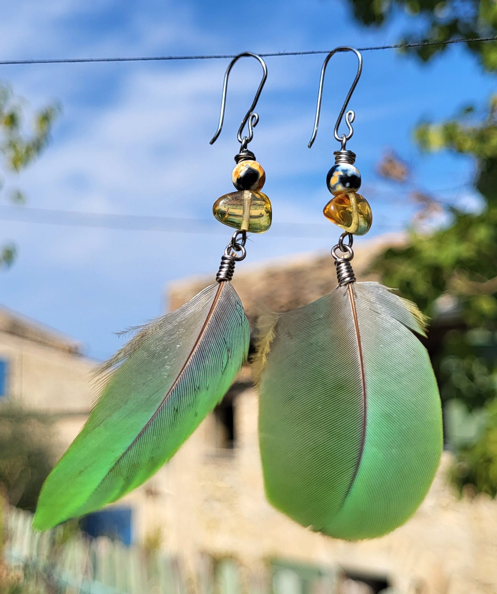 Boucles d'Oreilles Plumes Vertes Ambre Pierre Naturelle - Fa