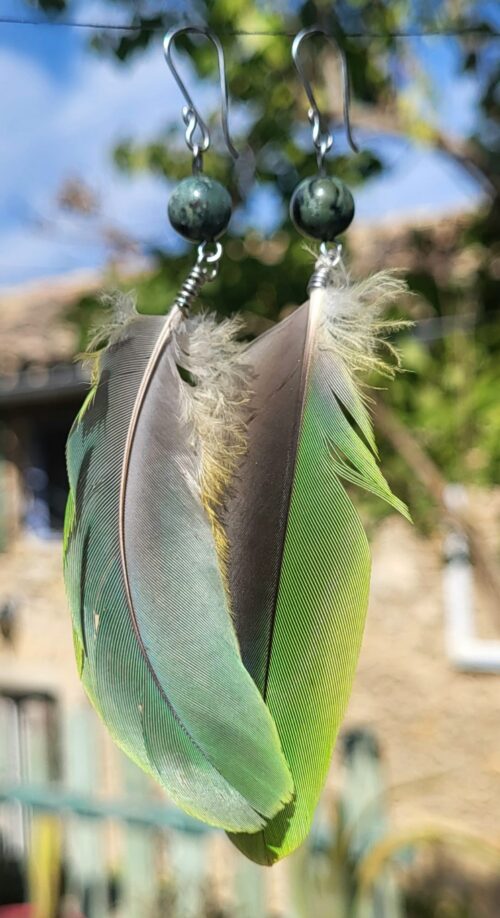 Boucles d'Oreilles Plumes Vertes Jaspe Pierre Naturelle - Vue principale | Artisanat Mexique