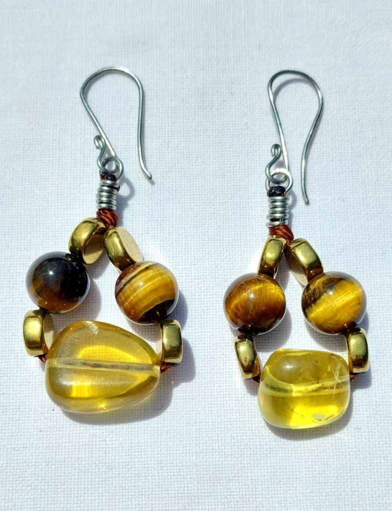 Boucles d&rsquo;Oreilles Ambre Œil du Tigre du Chiapas – Pierre Naturelle Fait Main Mexique Femme