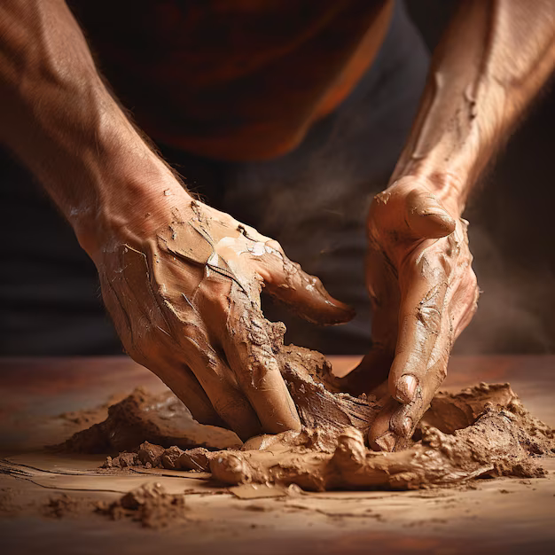 Mains modelant l'argile
