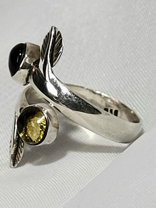 Bague Double Ambre Argent 950 Feuilles Fait Main