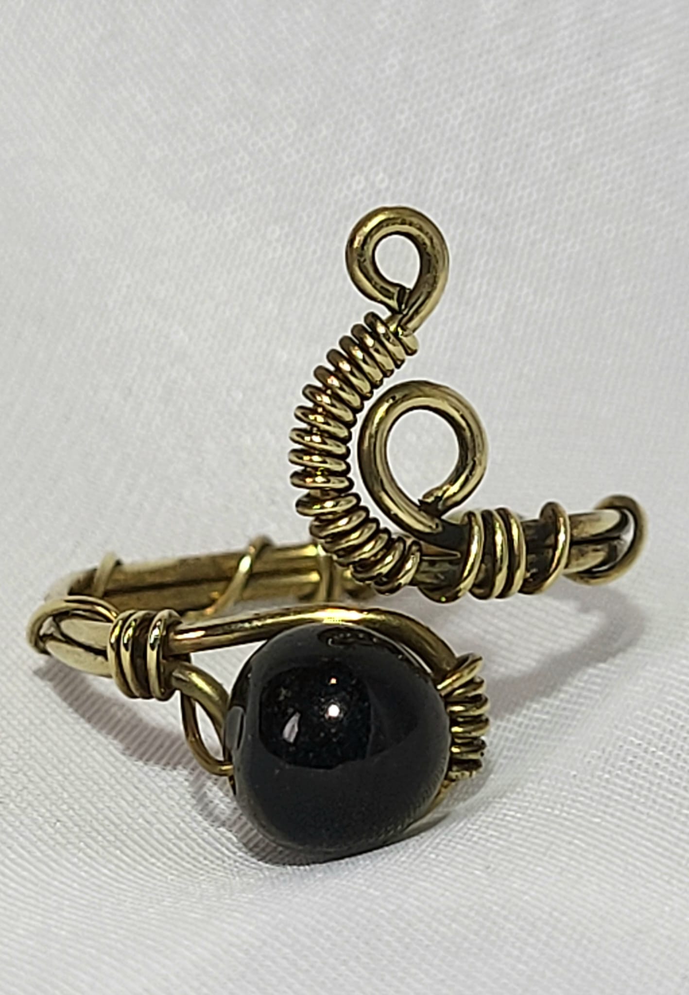 Bague Obsidienne Wire-wrap Acier Doré Fait Main