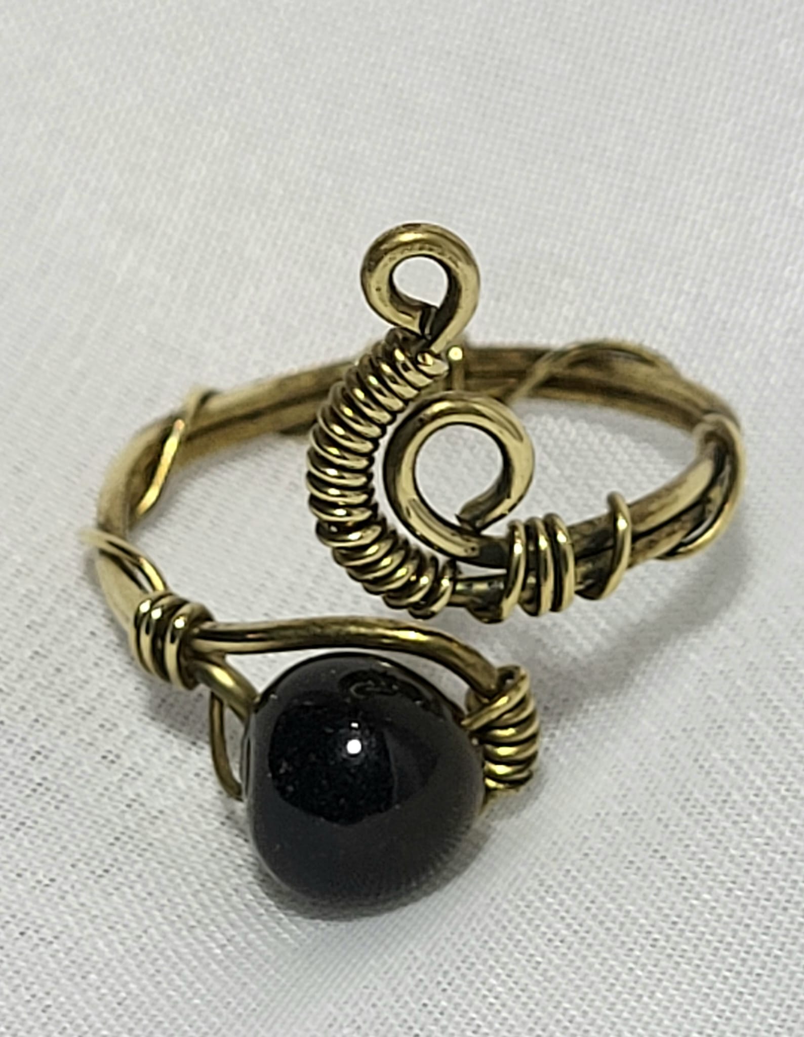 Bague Obsidienne Wire-wrap Acier Doré Fait Main