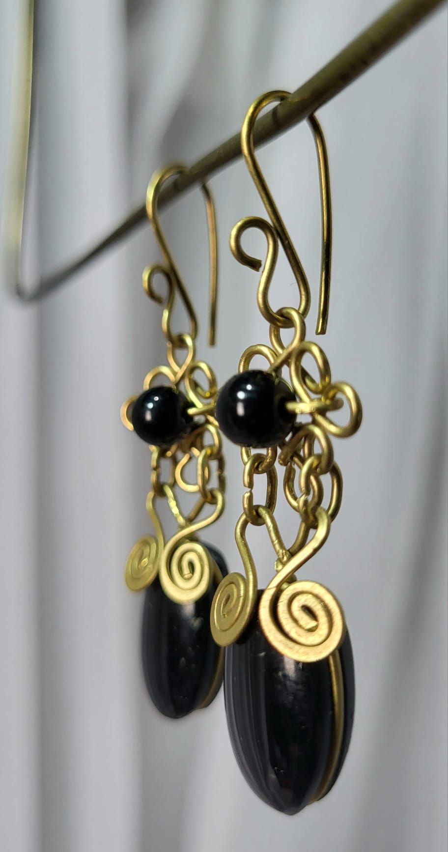 Boucles Bronze Obsidienne Noire Aztèques Fait Main