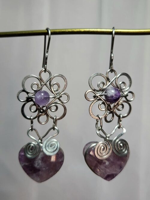 Boucles Acier Cœur Améthyste Filigrane Fait Main